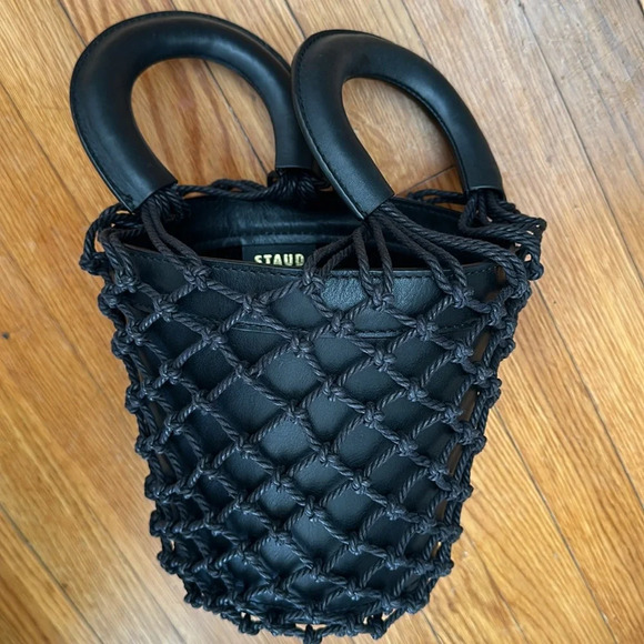 STAUD Handbags - STAUD Black Moreau Leather Woven Bucket Mini Bag | Designer Minimalist Chic